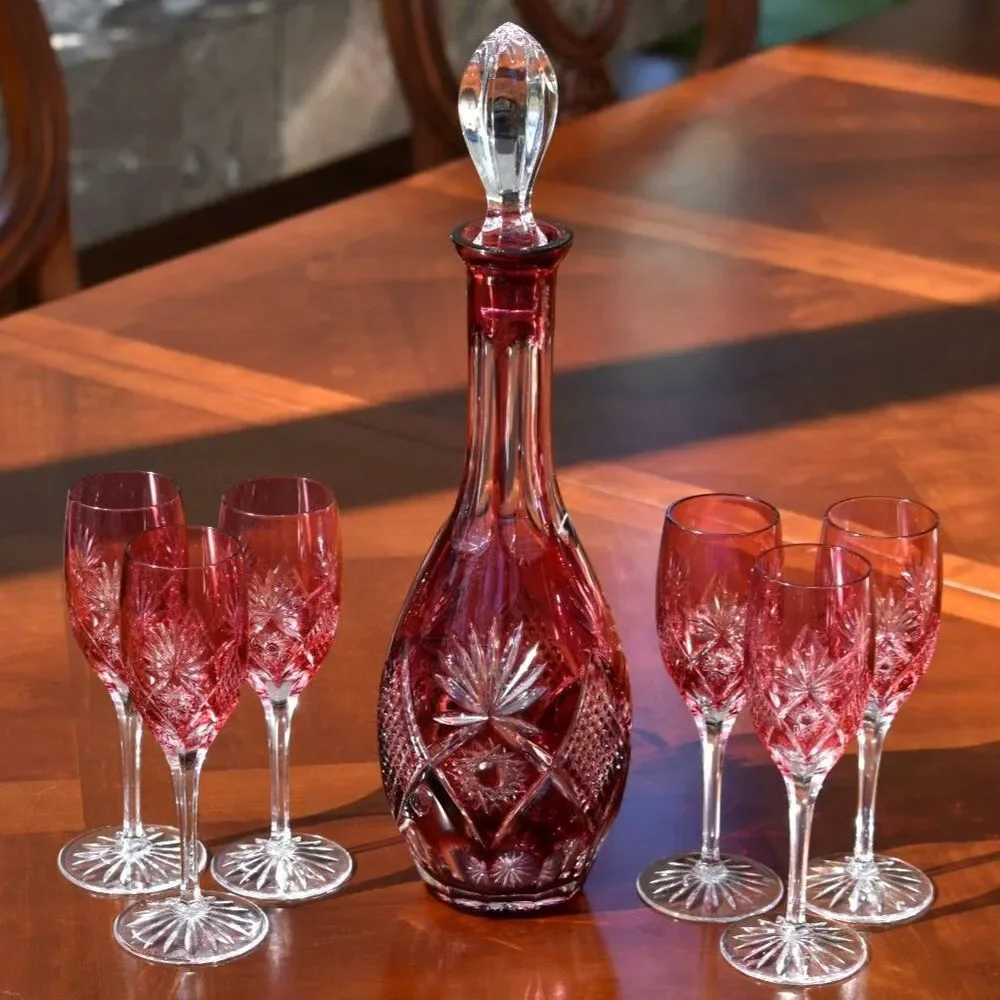 Nachtmann Traube Wine Decanter with Stopper and 6 Cranberry Tall Sherry Glasses